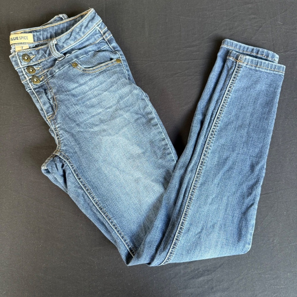 Blue Spice Skinny Jeans Womens 7 Medium Wash High Rise 3 Button Stretch Denim
